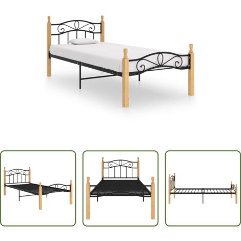Letto in metallo e rovere -  Giroletto Nero in Metallo e Legno Massello di Rovere 90x200 cm