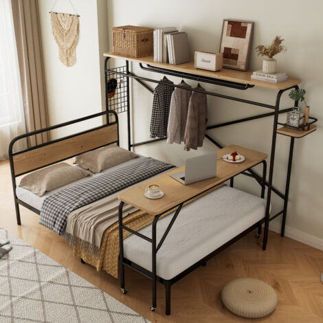 Letto in Metallo, Letti Piani + Tavolo + Appendiabiti Verticale, Tavolino con Ruote, Set Completo di Mobili per Camera da Letto, Adolescenti e Adulti, Struttura in Metallo, Metallo+MDF, Nero + Natural