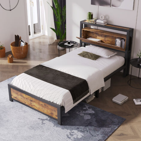 Letto in Metallo Letto per Ragazzi Letto Singolo 90x200 cm con Testiera Contenitore e Rete a Doghe in Metallo, Letto per Bambini, Struttura Letto in Metallo, Letto Industriale Nero