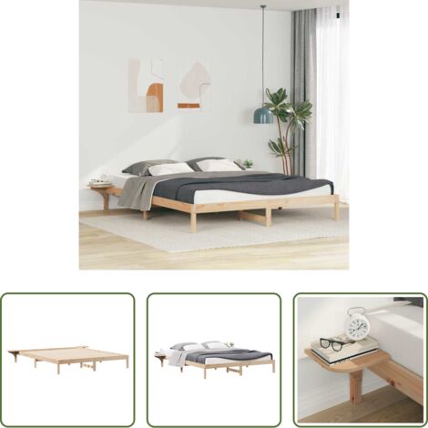 Letto in pino massello -  Letto con Tavolini Laterali Naturale 180 x 220 cm Pino massello