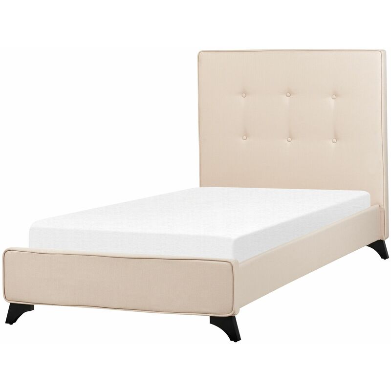 Letto Imbottito Beige Rete Doghe Testata Alta Piedini Legno 90 x 200 cm Ambassador