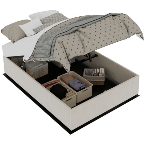 Letto in tessuto beige e metallo 140x200 cm con testiera alta e spazio sottoletto