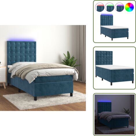 Letto in velluto - vidaXL Letto a Molle con Materasso e LED Blu Scuro 80x200cm in Velluto - Letto con testiera regolabile