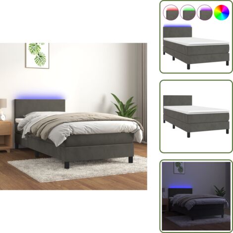 Letto in velluto - vidaXL Letto a Molle con Materasso e LED Grigio Scuro 90x190cm Velluto - Letto con testiera regolabile