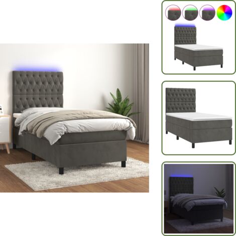 Letto in velluto - vidaXL Letto a Molle con Materasso e LED Grigio Scuro 90x200cm Velluto - Letto con testiera regolabile