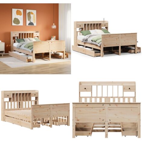Letto Libreria senza Materasso 140x190 cm in Legno di Pino - Letto con testiera - Letto in legno