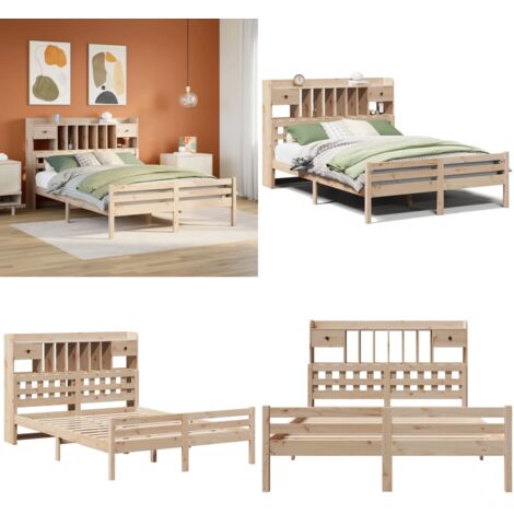Letto Libreria senza Materasso 140x190 cm in Legno di Pino - Letto con testiera - Letto in legno
