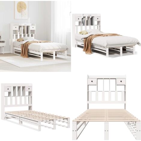 Letto Libreria senza Materasso Bianca 90x200 cm Legno di Pino - Letto con testiera - Letto con base a doghe
