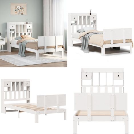 Letto Libreria senza Materasso Bianca 90x200 cm Legno di Pino - Letto con testiera - Letto con base a doghe