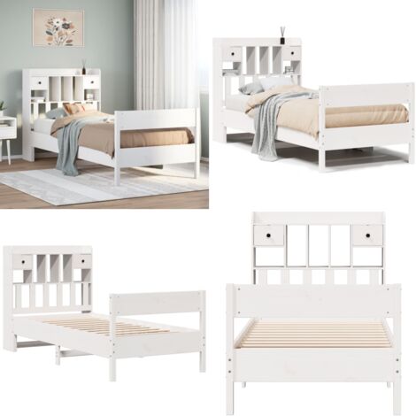 Letto Libreria senza Materasso Bianca 90x200 cm Legno di Pino - Letto con testiera - Letto con base a doghe