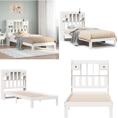 Letto Libreria senza Materasso Bianca 90x200 cm Legno di Pino - Letto con testiera - Letto con cassetti