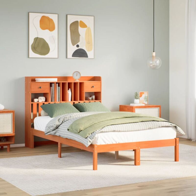 Letto Libreria senza Materasso Marrone Cera 135x190 cm in Pino - Vidaxl