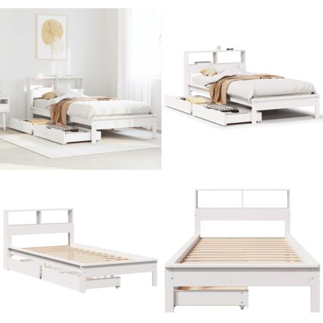Letto Libreria senza Materasso Bianco 100x200 cm Legno di Pino - Letto con cassetto - Letto con piedini