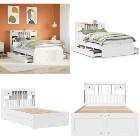 Letto Libreria senza Materasso Bianco 135x190 cm Legno di Pino - Letto con cassetto - Letto con base a doghe