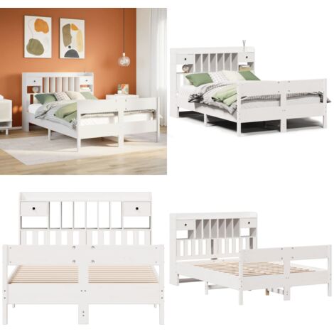 Letto Libreria senza Materasso Bianco 135x190 cm Legno di Pino - Letto con testiera - Letto con base a doghe