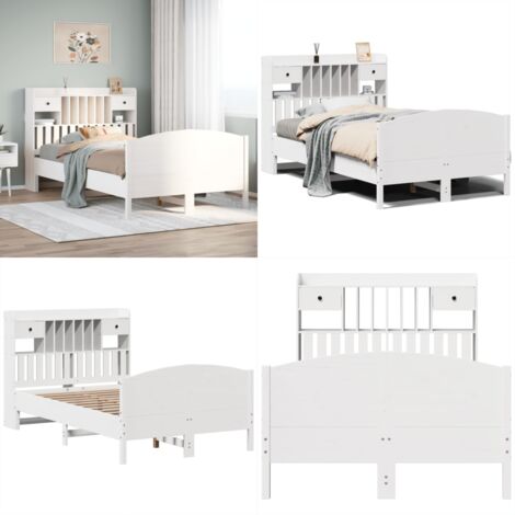 Letto Libreria senza Materasso Bianco 135x190 cm Legno di Pino - Letto con testiera - Letto con base a doghe