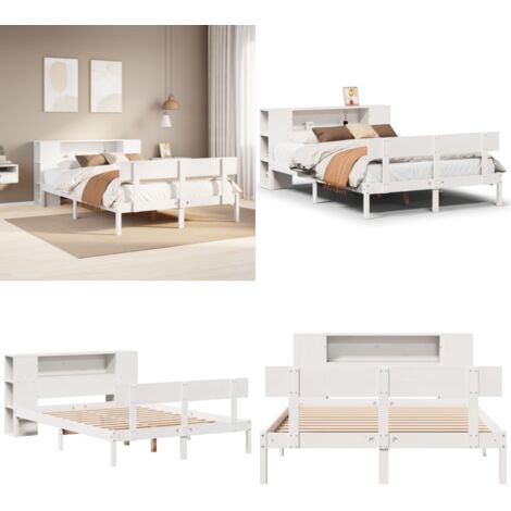Letto Libreria senza Materasso Bianco 135x190 cm Legno di Pino - Letto con testiera - Letto con base a doghe