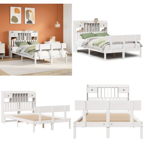 Letto Libreria senza Materasso Bianco 135x190 cm Legno di Pino - Letto con testiera - Letto con base a doghe