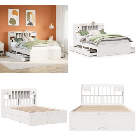 Letto Libreria senza Materasso Bianco 140x190 cm Legno di Pino - Letto con cassetti - Letto con base a doghe