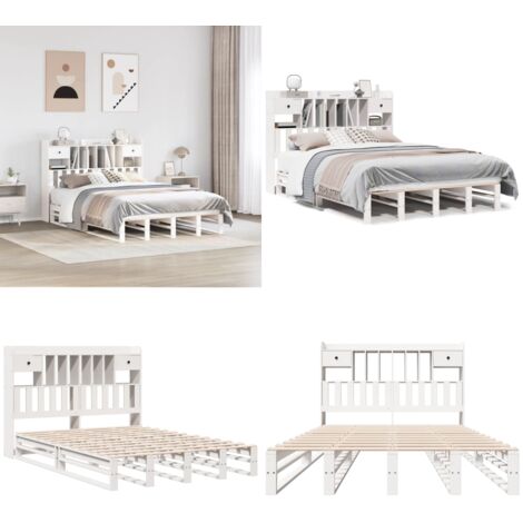 Letto Libreria senza Materasso Bianco 140x190 cm Legno di Pino - Letto con testiera - Letto con base a doghe