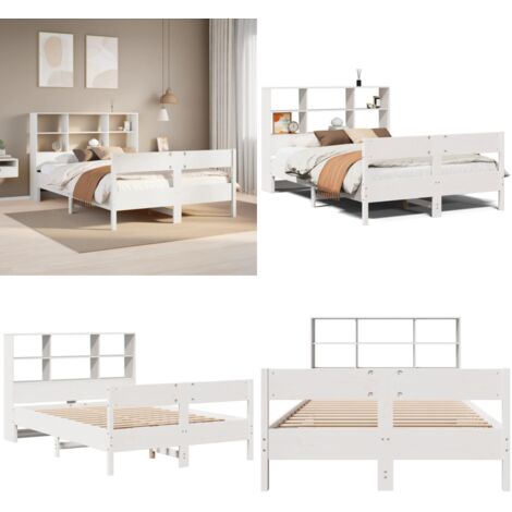Letto Libreria senza Materasso Bianco 140x200 cm Legno di Pino - Letto con testiera - Letto con base a doghe