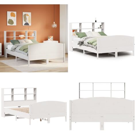Letto Libreria senza Materasso Bianco 140x200 cm Legno di Pino - Letto con testiera - Letto con base a doghe