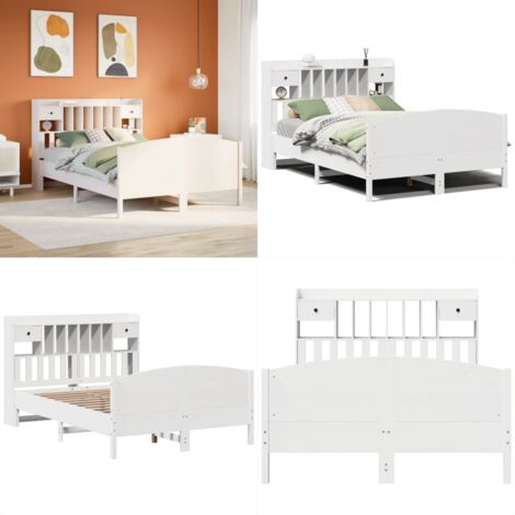 Letto Libreria senza Materasso Bianco 140x200 cm Legno di Pino - Letto con testiera - Letto con base a doghe