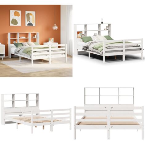 Letto Libreria senza Materasso Bianco 140x200 cm Legno di Pino - Letto con testiera - Letto con base a doghe