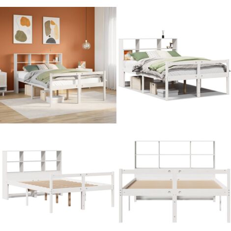 Letto Libreria senza Materasso Bianco 140x200 cm Legno di Pino - Letto con testiera - Letto con base a doghe