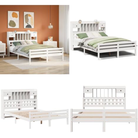 Letto Libreria senza Materasso Bianco 140x200 cm Legno di Pino - Letto con testiera - Letto con base a doghe