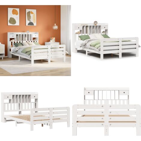 Letto Libreria senza Materasso Bianco 140x200 cm Legno di Pino - Letto con testiera - Letto con base a doghe