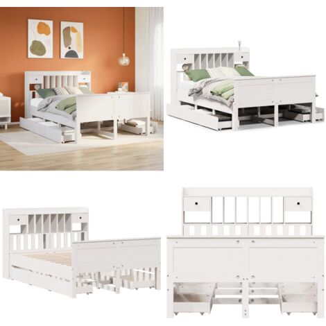 Letto Libreria senza Materasso Bianco 140x200 cm Legno di Pino - Letto con testiera - Letto con cassetti