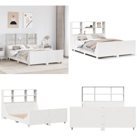 Letto Libreria senza Materasso Bianco 140x200 cm Legno Massello - Letto con testiera - Letto con base a doghe