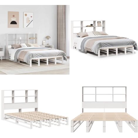 Letto Libreria senza Materasso Bianco 140x200 cm Legno Massello - Letto con testiera - Letto con base a doghe