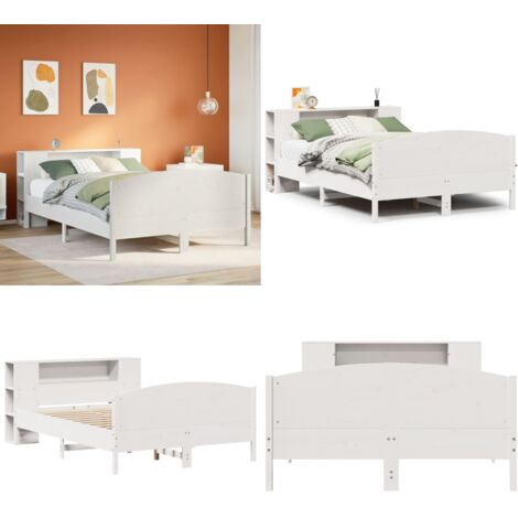 Letto Libreria senza Materasso Bianco 150x200 cm Legno di Pino - Letto con testiera - Letto con base a doghe