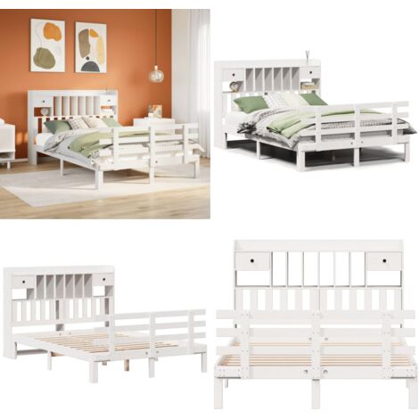 Letto Libreria senza Materasso Bianco 150x200 cm Legno di Pino - Letto con testiera - Letto con base a doghe