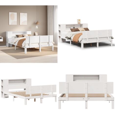 Letto Libreria senza Materasso Bianco 150x200 cm Legno di Pino - Letto con testiera - Letto con base a doghe