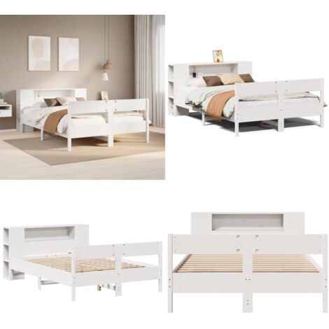 Letto Libreria senza Materasso Bianco 150x200 cm Legno di Pino - Letto con testiera - Letto con base a doghe