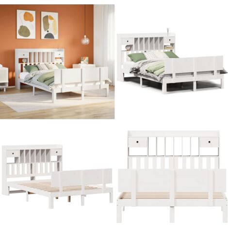 Letto Libreria senza Materasso Bianco 150x200 cm Legno di Pino - Letto con testiera - Letto con base a doghe