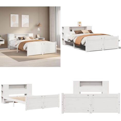Letto Libreria senza Materasso Bianco 150x200 cm Legno di Pino - Letto con testiera - Letto con base a doghe