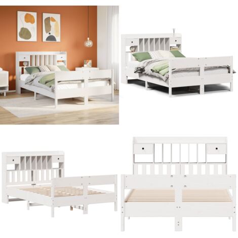 Letto Libreria senza Materasso Bianco 150x200 cm Legno di Pino - Letto con testiera - Letto con base a doghe