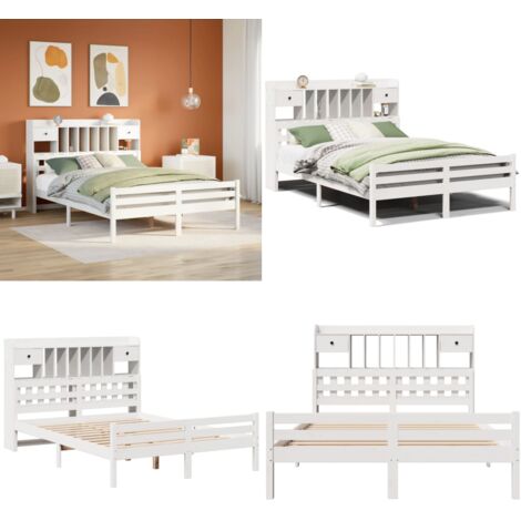 Letto Libreria senza Materasso Bianco 150x200 cm Legno di Pino - Letto con testiera - Letto con base a doghe