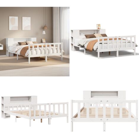 Letto Libreria senza Materasso Bianco 150x200 cm Legno di Pino - Letto con testiera - Letto con base a doghe