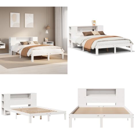 Letto Libreria senza Materasso Bianco 150x200 cm Legno di Pino - Letto con testiera - Letto con scaffale