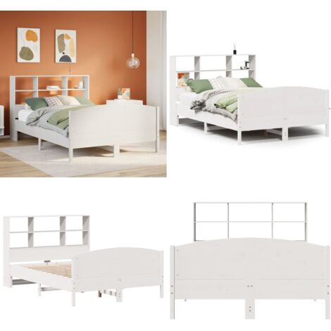 Letto Libreria senza Materasso Bianco 160x200 cm Legno di Pino - Letto con testiera - Letto con base a doghe