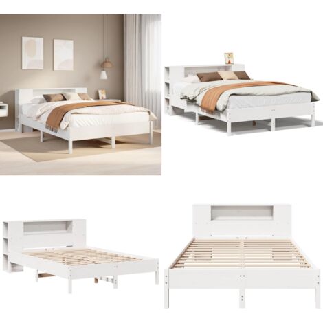 Letto Libreria senza Materasso Bianco 160x200 cm Legno di Pino - Letto con testiera - Letto con base a doghe
