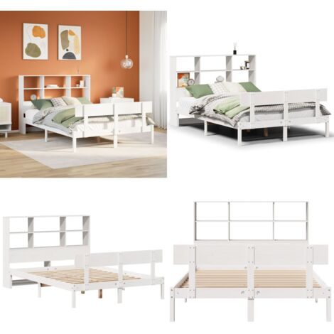 Letto Libreria senza Materasso Bianco 160x200 cm Legno di Pino - Letto con testiera - Letto con base a doghe