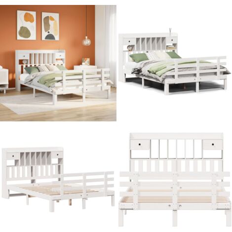 Letto Libreria senza Materasso Bianco 160x200 cm Legno di Pino - Letto con testiera - Letto con base a doghe