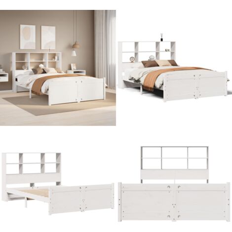 Letto Libreria senza Materasso Bianco 160x200 cm Legno di Pino - Letto con testiera - Letto con base a doghe