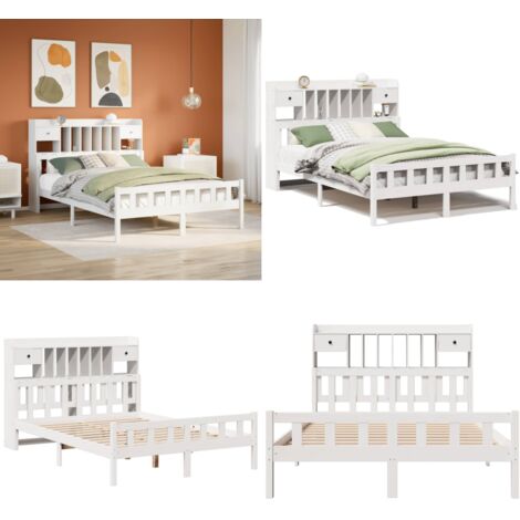 Letto Libreria senza Materasso Bianco 160x200 cm Legno di Pino - Letto con testiera - Letto con base a doghe